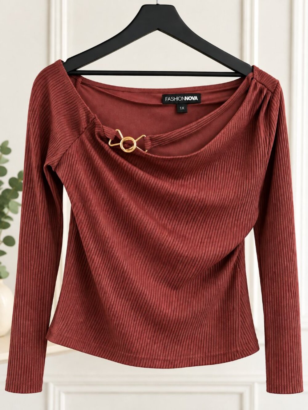 Fashion Nova Rust Off-Shoulder Ribbed Sweater with Gold Ring